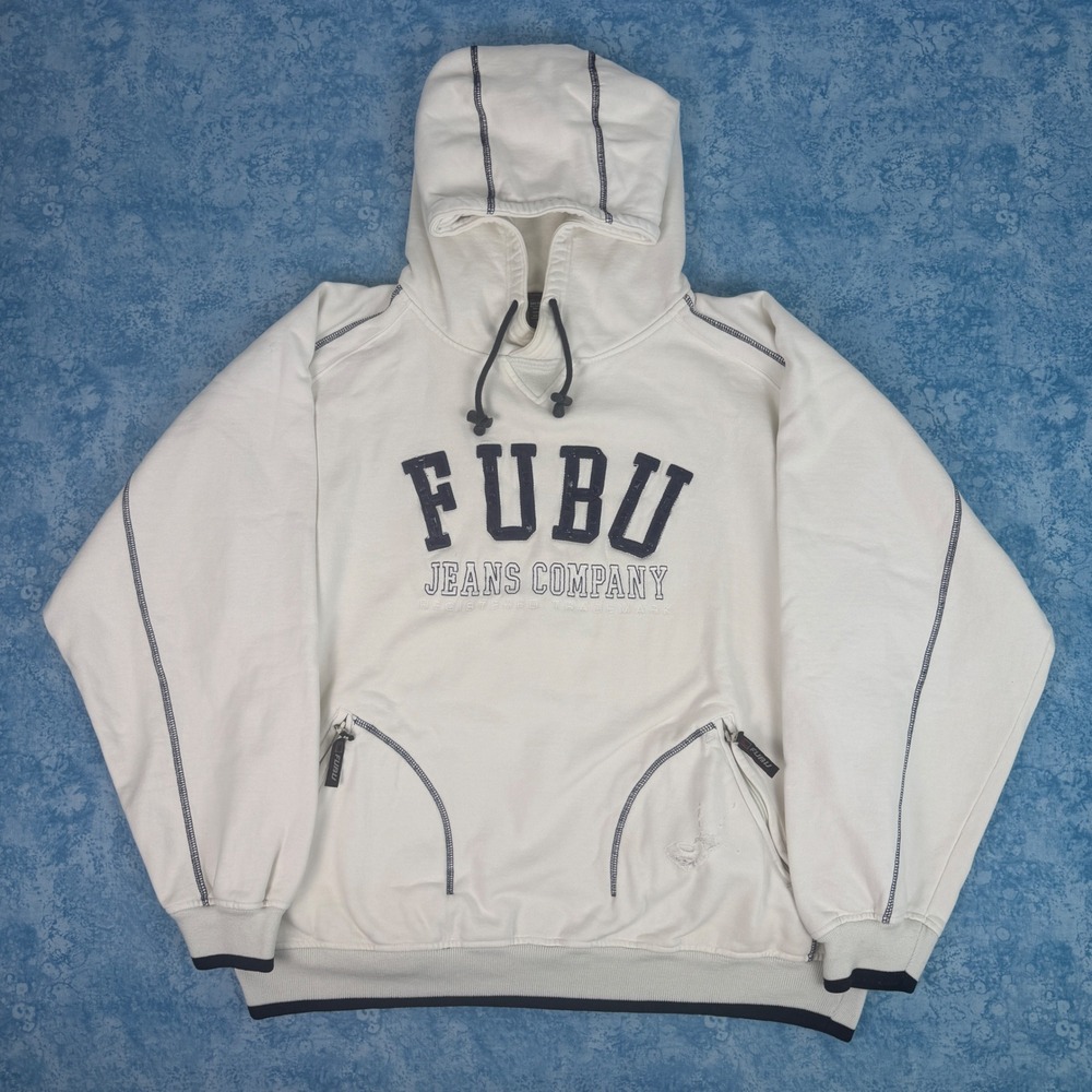 Vintage FUBU Jeans Company Pullover Hoodie Mens XL White Blue Y2K Oversized